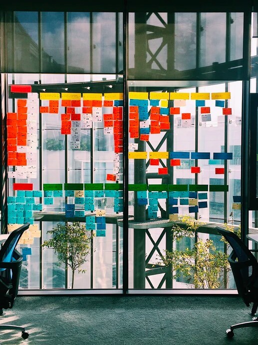 Babel Agile ING. Una ventana de una oficina con post-its