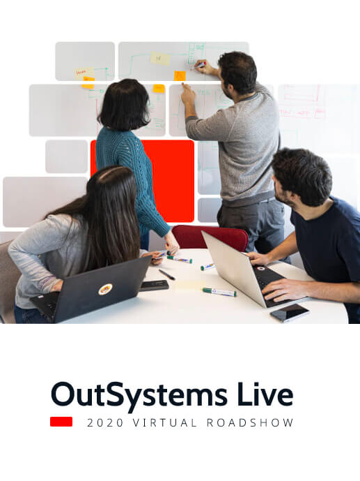 Outsystem Live I España 2020. Personas trabajando con portátiles y en una pizarra